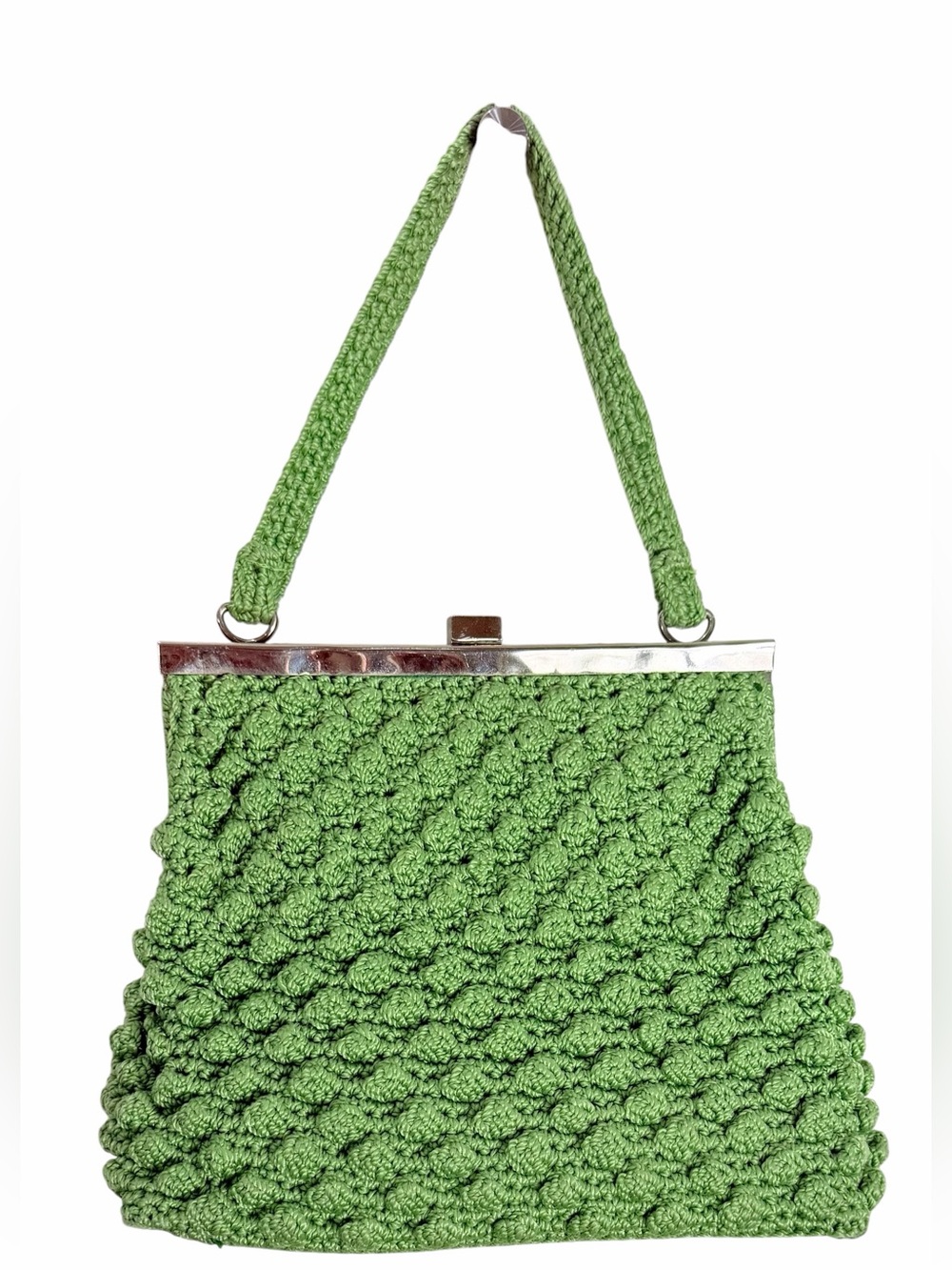 1969s-1970s Lime Green Hand Crochet Handbag With Silver Hardware Vintage Mini